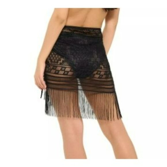 Black Sheer Lace Fringe Swim Cover-Up Sarong Womens One Size - Picture 2 of 10